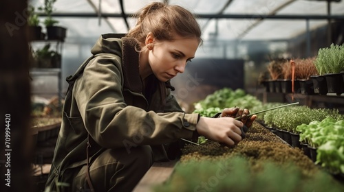 Young woman doing gardening in the spacious greenhouse. Agricultural background.