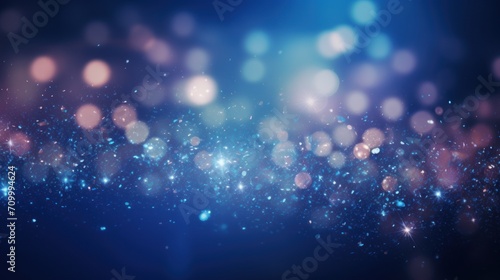 Magic night dark blue sparkling glitter bokeh and light art. Gold confetti and navy background. Golden scattered Christmas dust. Fairytale magic star template.