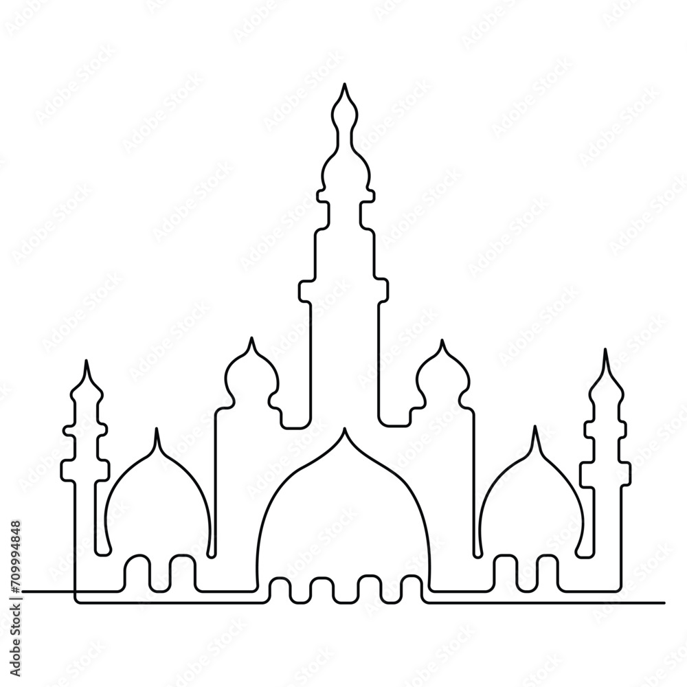 Continuous one line art drawing of Masjid Islamic ornament sketch outline art vector illustration.
