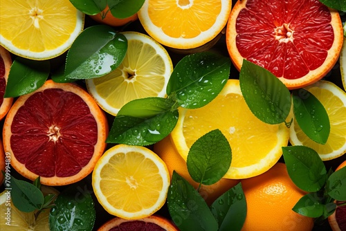 Colorful citrus fruis, food background, top view. Mix of different whole and sliced fruits: orange, grapefruit, lemon, lime and other with leaves