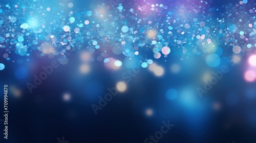 Magic night dark blue sparkling glitter bokeh and light art. Gold confetti and navy background. Golden scattered Christmas dust. Fairytale magic star template.