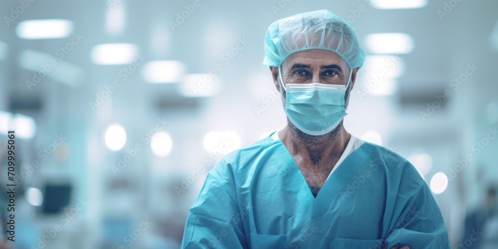Surgeon looking at camera in operating room. Surgeon looking at camera in operating room.