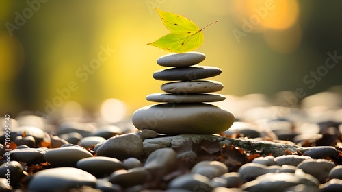 Bright light green young leaf  on top of a stone stack in autumn forest  peaceful zen buddhism influenced atmosphere  created with Generative AI Technology