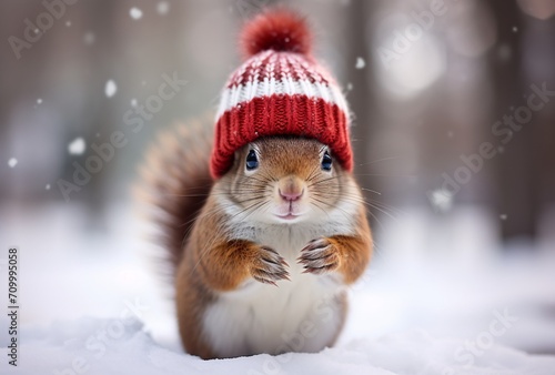 a little squirrel is depicted in a red and white sweater and hat