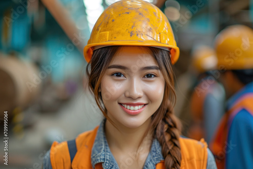 Asian woman wearing Construction worker uniform for safety on site