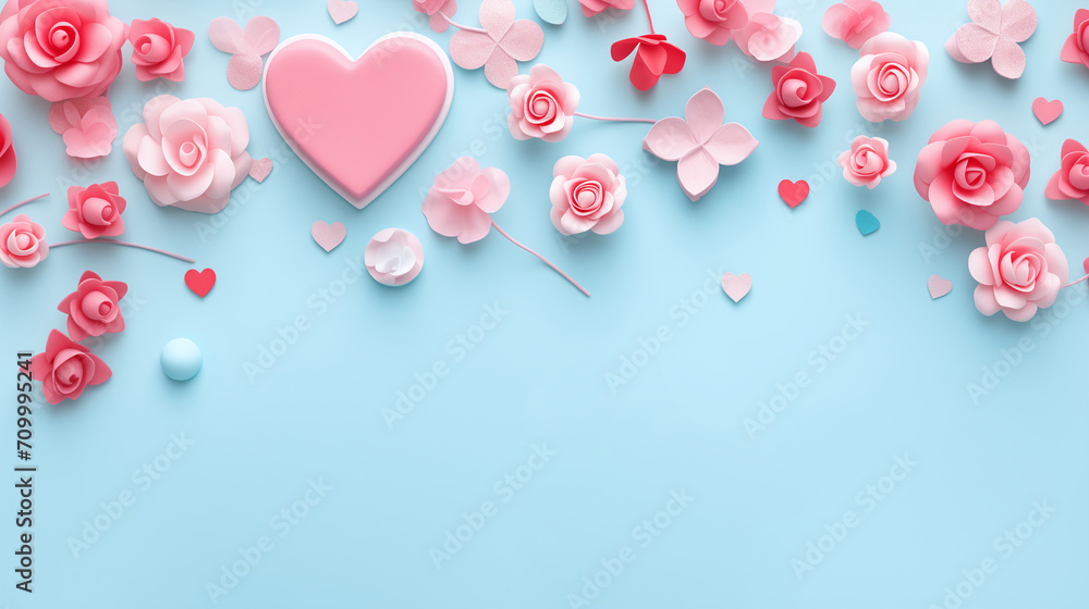 Paper crafted pink roses and hearts on a pastel blue background, ideal for Valentine's Day