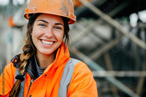 Brunette woman wearing Construction worker uniform for safety on site © Aris