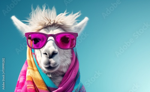 a llama in colorful sunglasses wearing a scarf