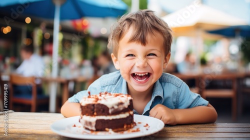 Cute little boy eating cake dessert in a cafe.