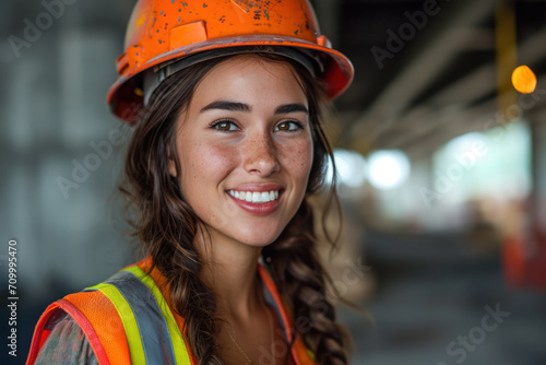 Hispanic woman wearing Construction worker uniform for safety on site