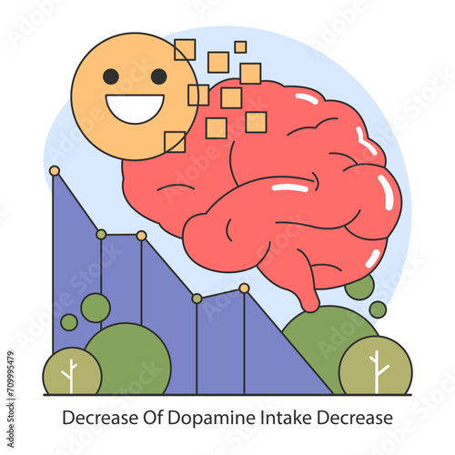 Dopamine fasting concept. Graph and brain imagery depict the reduction of dopamine levels, symbolizing cognitive balance and happiness. Flat vector illustration.
