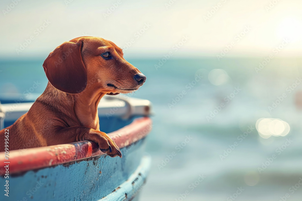 Dachshund dog sitting in the boat in the sea enjoying summertime 