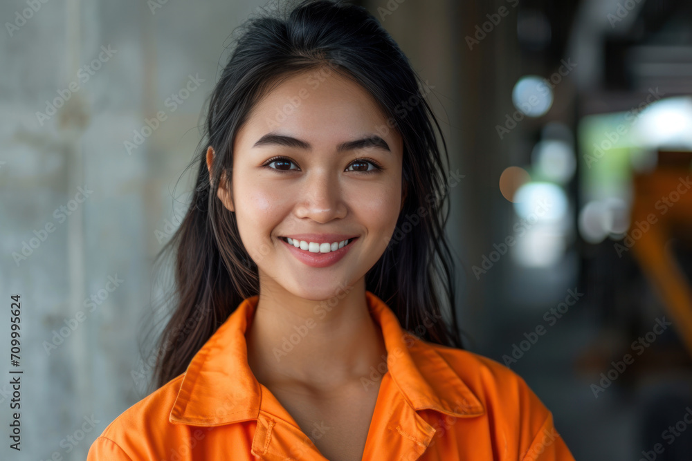 Malay woman wearing Construction worker uniform for safety on site Malay woman wearing Construction worker uniform for safety on site