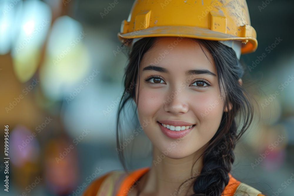 Malay woman wearing Construction worker uniform for safety on site Malay woman wearing Construction worker uniform for safety on site