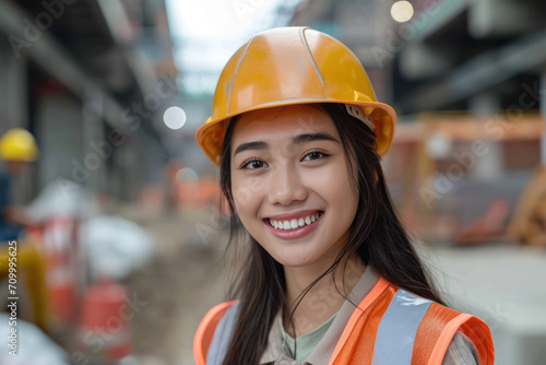 Malay woman wearing Construction worker uniform for safety on site