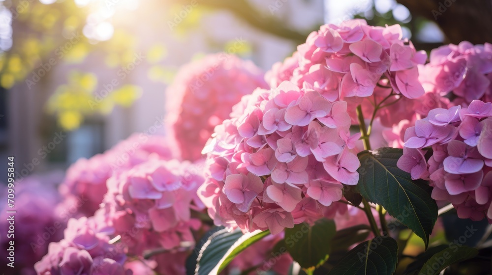 Fototapeta premium Hydrangea flowers on sunny garden outdoor background with copy space.