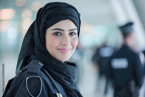 Arab woman wearing security guard or safety officer uniform on duty