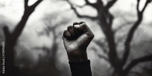 Black and white photo of a raised fist of an african american black man on blurred background with trees. Unity, solidarity, protest, Black history month concept for banner, poster.