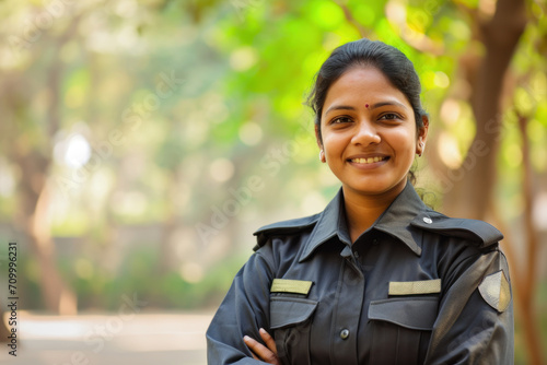 Indian woman wearing security guard or safety officer uniform on duty photo
