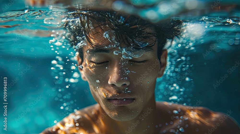 Portrait. Young Thai man posing underwater with open eyes. Portrait. Young Thai man posing underwater with open eyes.