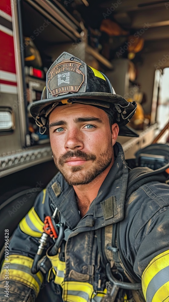Firefighter man takes a selfie photo with thre truck on background. Firefighter man takes a selfie photo with thre truck on background.