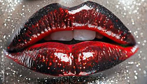 Luxurious Red Glitter Lips with Sparkles.High Fashion,Shimmering Lips Glamour Makeup