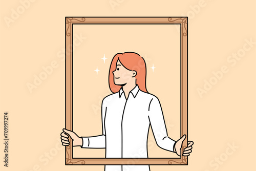 Proud woman poses for portrait looking to side, wanting to get on board with best employees of company. Proud girl in formal shirt participating in photo shoot for business magazine about management