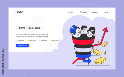 Conversion funnel concept. Visualization of customer journey and conversion rate growth. Strategic marketing funnel stages with coin incentives. Flat vector illustration.