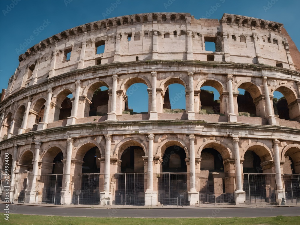The Colosseum stands under the clear blue sky, its ancient arches and weathered stones a testament to Rome's enduring history