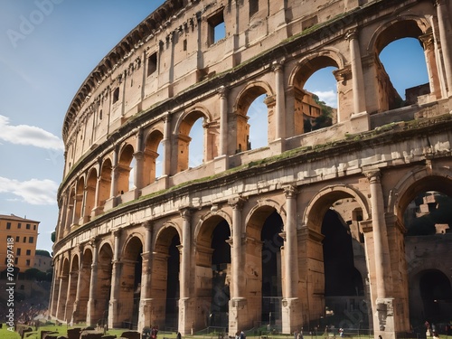 The Colosseum stands under the clear blue sky, its ancient arches and weathered stones a testament to Rome's enduring history