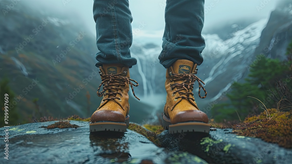 Closeup, hiking booys on the feets of a man, outdoors Closeup, hiking booys on the feets of a man, outdoors
