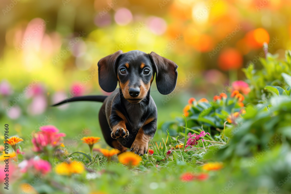 Dachshund dog play in the garden, jump and having fun 
