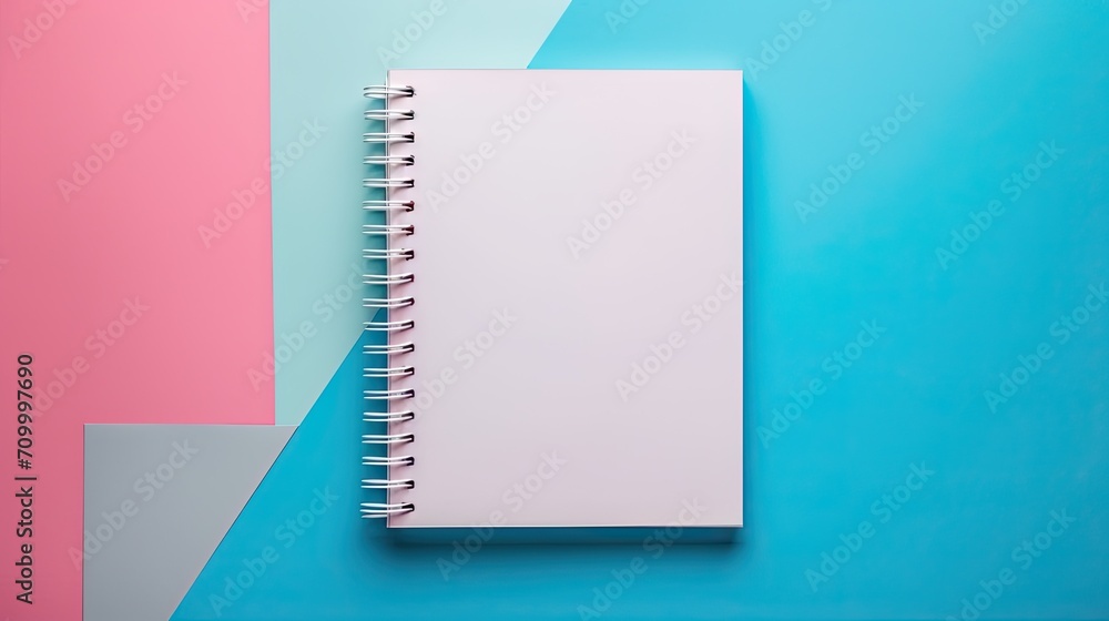 Mockup, notebook isolated on plain blue background. Mockup, notebook isolated on plain blue background.