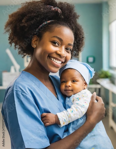  Nurse cradling a infant, newborn baby, displaying genuine emotions of nurture and care. Tender healthcare moment captured in a modern hospital setting photo