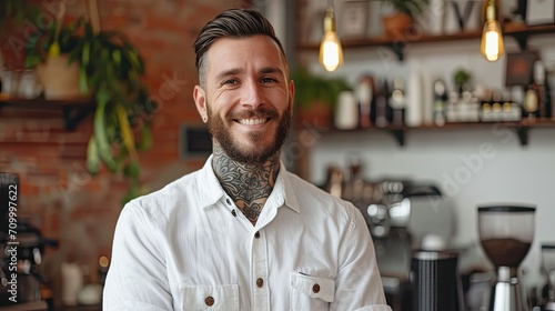 Caucasian man, waiter poses elegantly with white t-shirt, tattooed neck and beard, smiling pose inside a bar.