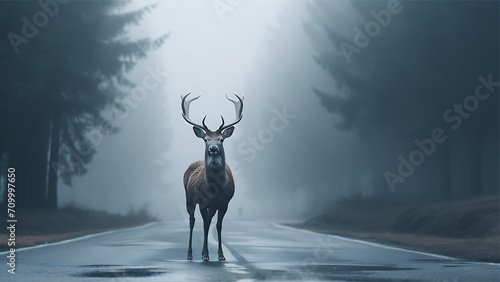 Red deer stag walking on the road in foggy forest. 3D Rendering