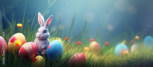 bunny ears and colored egg in a grass background