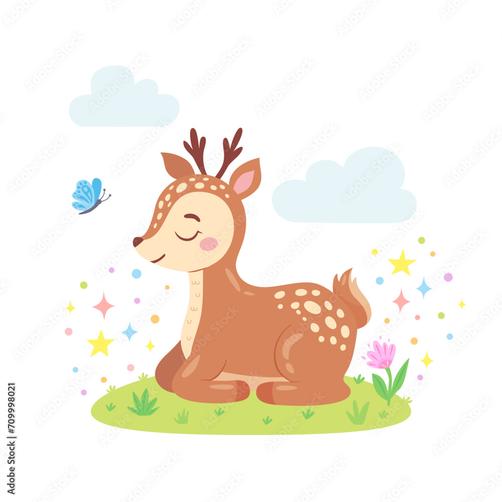 custom made wallpaper toronto digitalCute little deer sitting on grass with flower and butterfly. Forest baby animal. Funny childish character for greeting card, poster, kid clothing, cover, invitation or print design. Vector