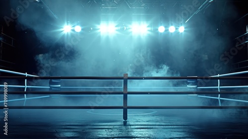 Generative AI, professional boxing ring with spotlights and smokey background, martial arts sport © Rymma
