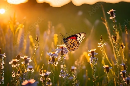 Summer Wild flowers and Fly Butterfly in a meadow at sunset. Macro image, shallow depth of field. Abstract summer nature background   