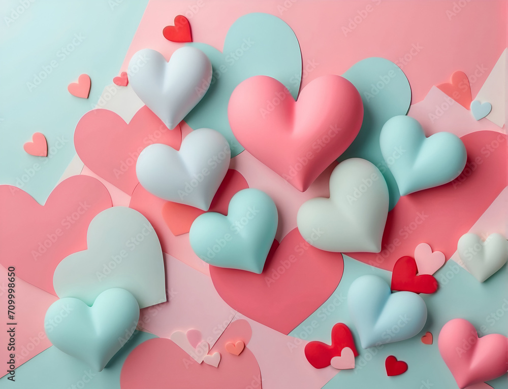 Pastel coloured 3D hearts on table. symbols of love for Happy Women's, Mother's, Valentine's Day, birthday greeting card design