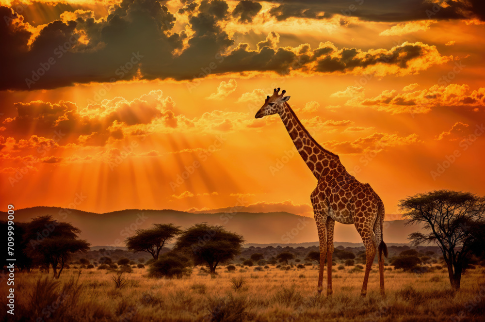 Giraffe walking through the savana at sunset. Amazing African wildlife.