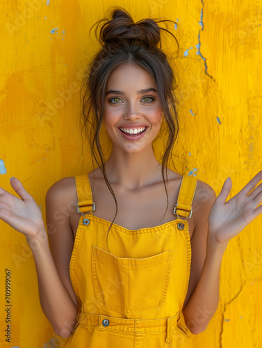 Zdjęcie młodej brunetki w żółtych ogrodniczkach, z rozłożonymi rękami, tworzy obraz nadziei i pozytywnej energii nawet w obliczu trudności.