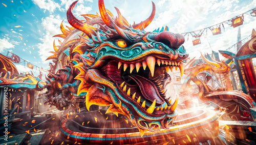 Diverse Mythical chinese Dragon at a Colorful Amusement Park