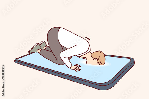 Man with digital addiction looks inside giant mobile phone, kneeling near gadget and suffering from social illness. Guy with cyber addiction does not expect help from psychotherapist