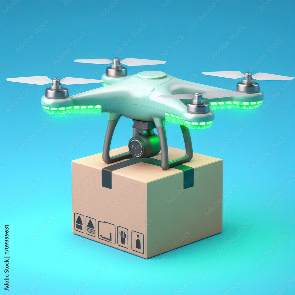 A drone with a green light on top of it delivery cardboard box on solid blue background. ai generative