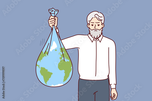 Old man litters environment by holding garbage bag in shape of planet earth, as metaphor for environmental pollution by business. Businessman reminds about importance of caring for environment