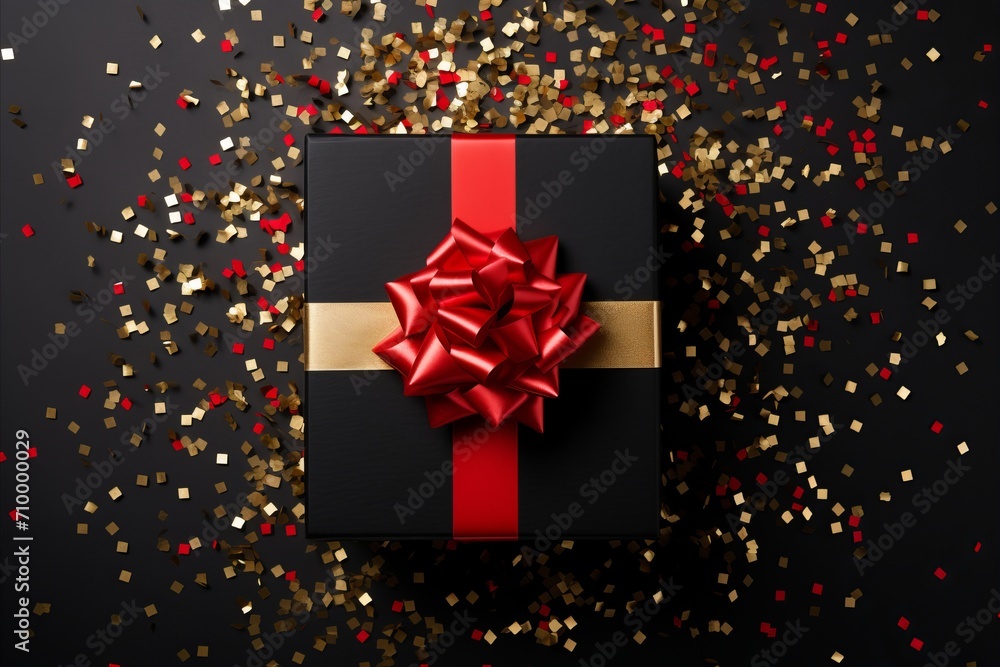Top view gift box, adorned with vibrant ribbon. Greeting card. Flat lay style with copy space. Top view gift box, adorned with vibrant ribbon. Greeting card. Flat lay style with copy space.