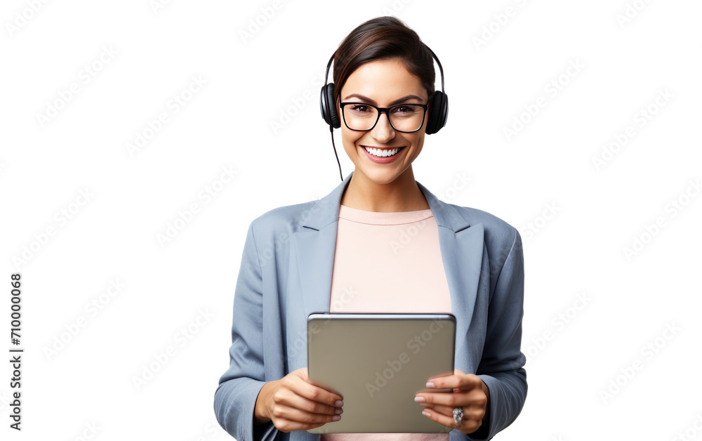 Smiling woman holding a tablet and listening to a music isolated on transparent background.