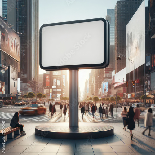 Billboard mockup on a pedestrian island with busy street background. Metropolitan advertisement. ai generative